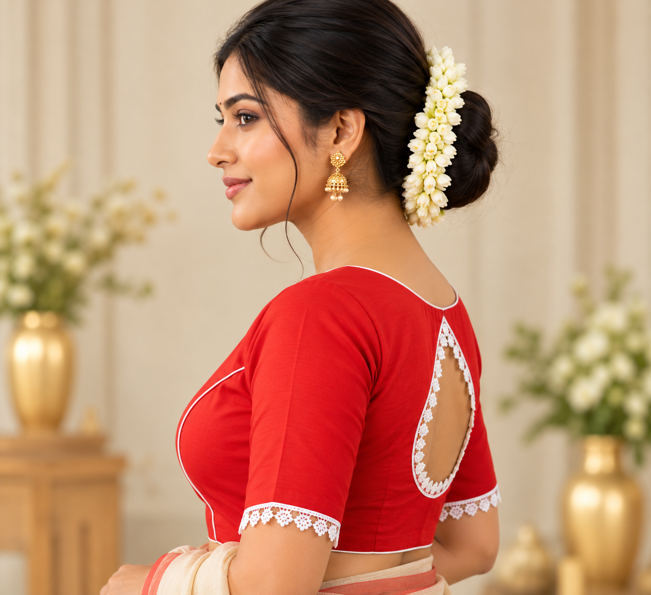 Scarlet Red Zari Border Festive Readymade Blouse Thumbnail